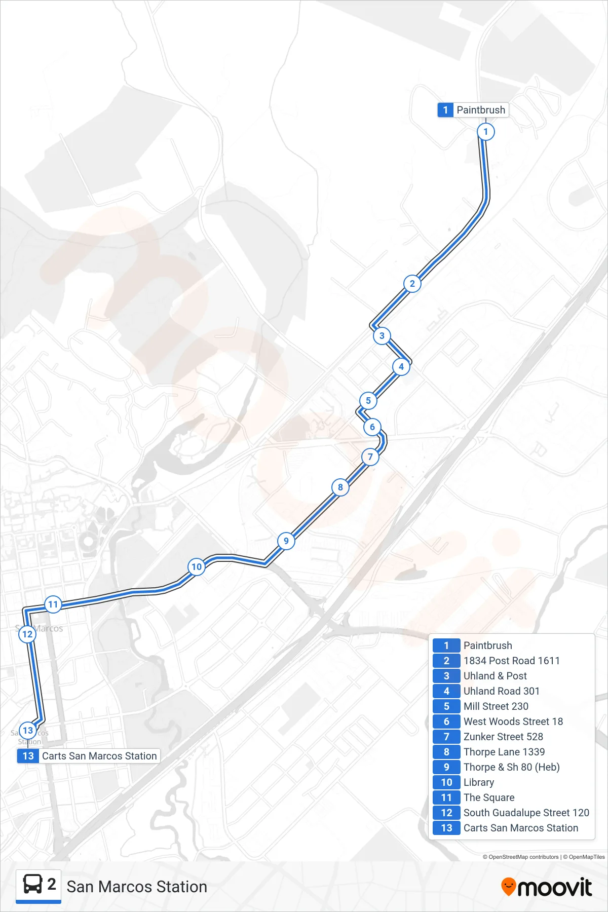 2 bus Line (San Marcos Station) route and stops on a map