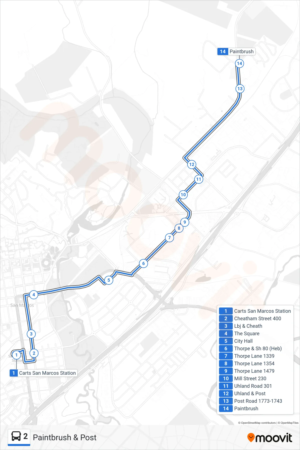 2 bus Line (Paintbrush & Post) route and stops on a map