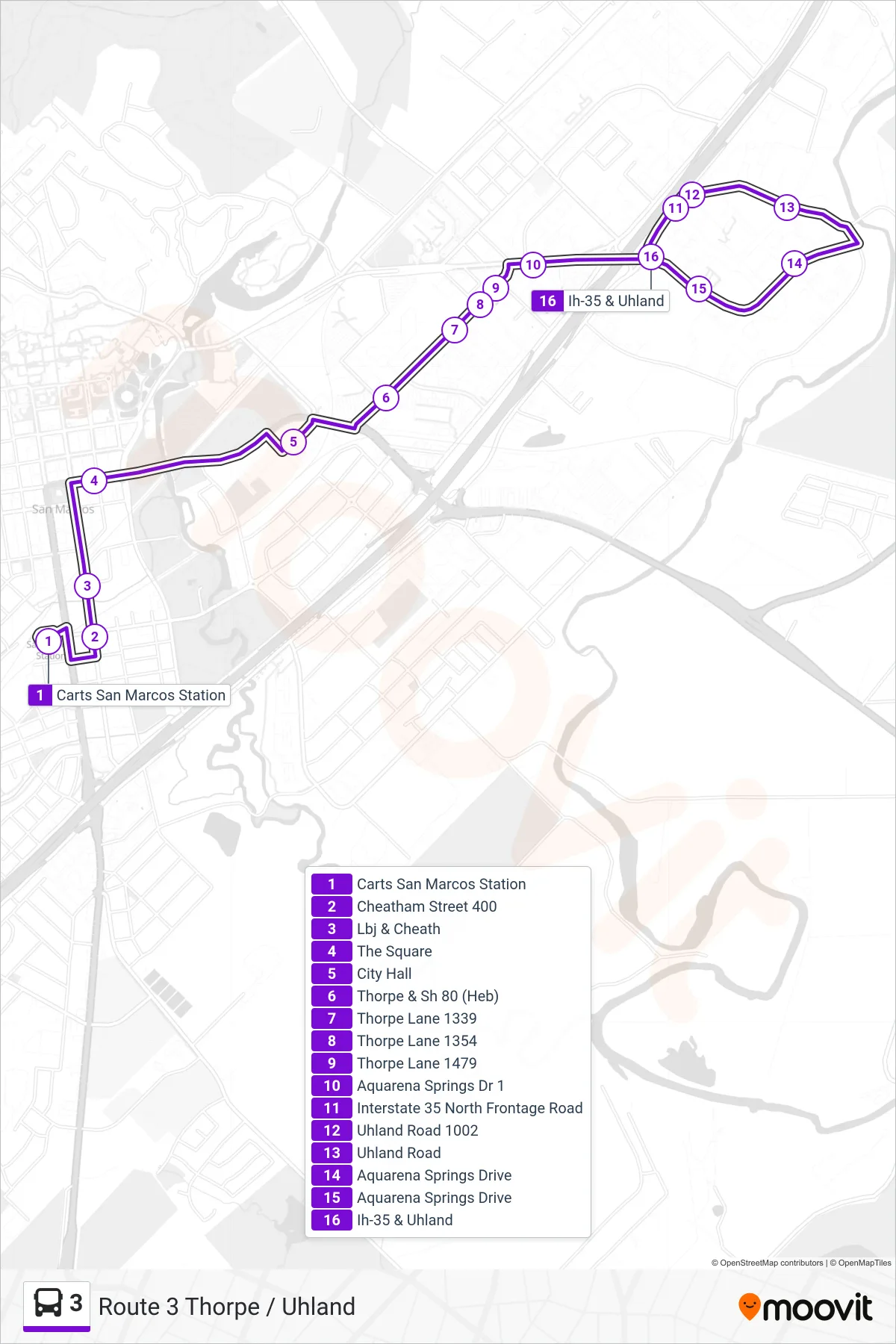 3 bus Line (IH-35 & Uhland) route and stops on a map