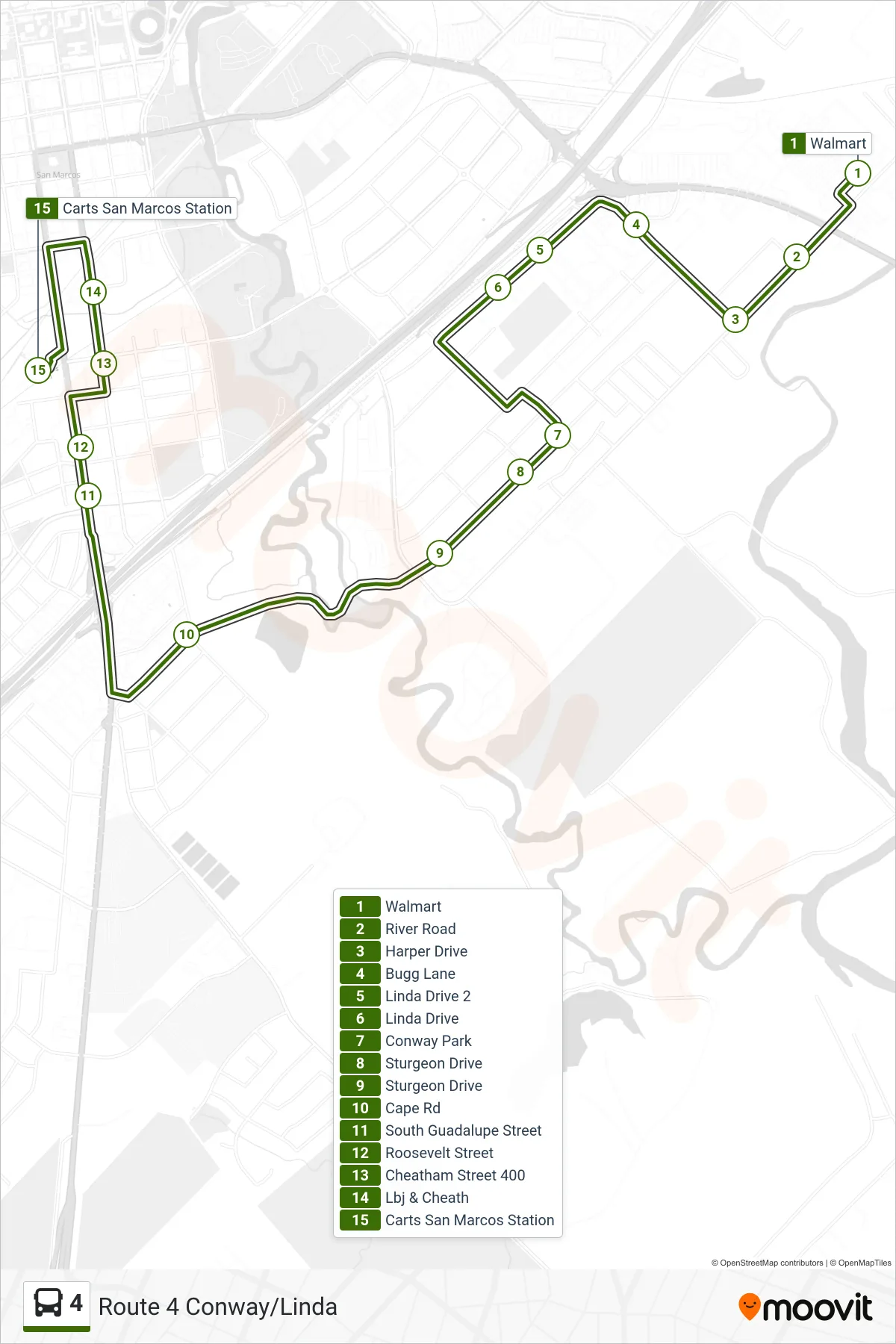 4 bus Line (San Marcos Station) route and stops on a map