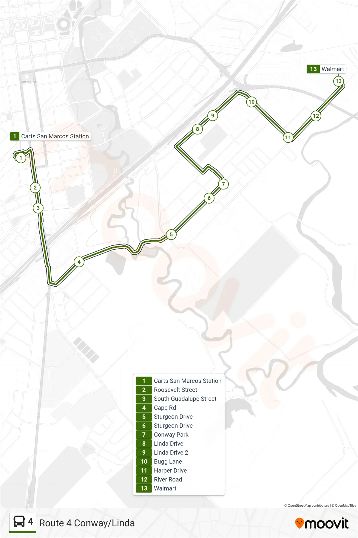 4 bus Line (River & SH 80) route and stops on a map