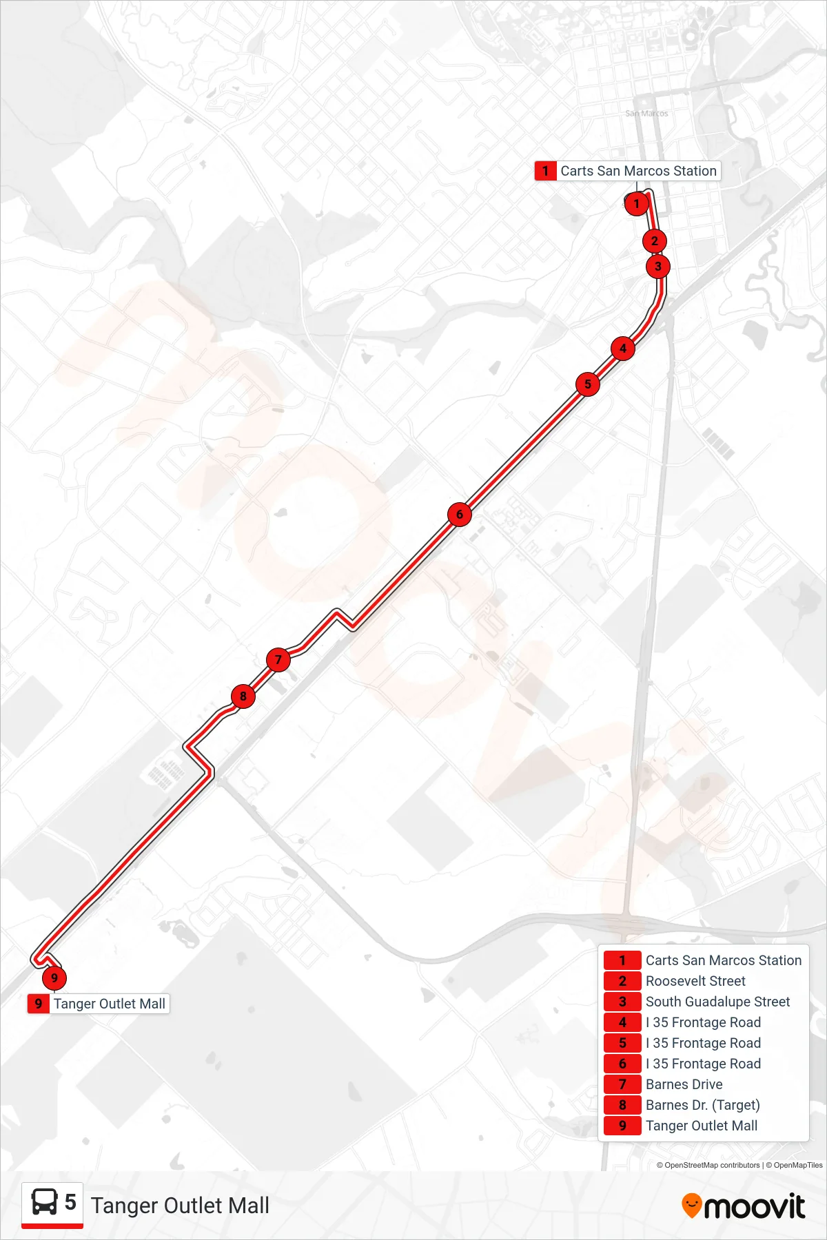 5 bus Line (Tanger Outlet Mall) route and stops on a map