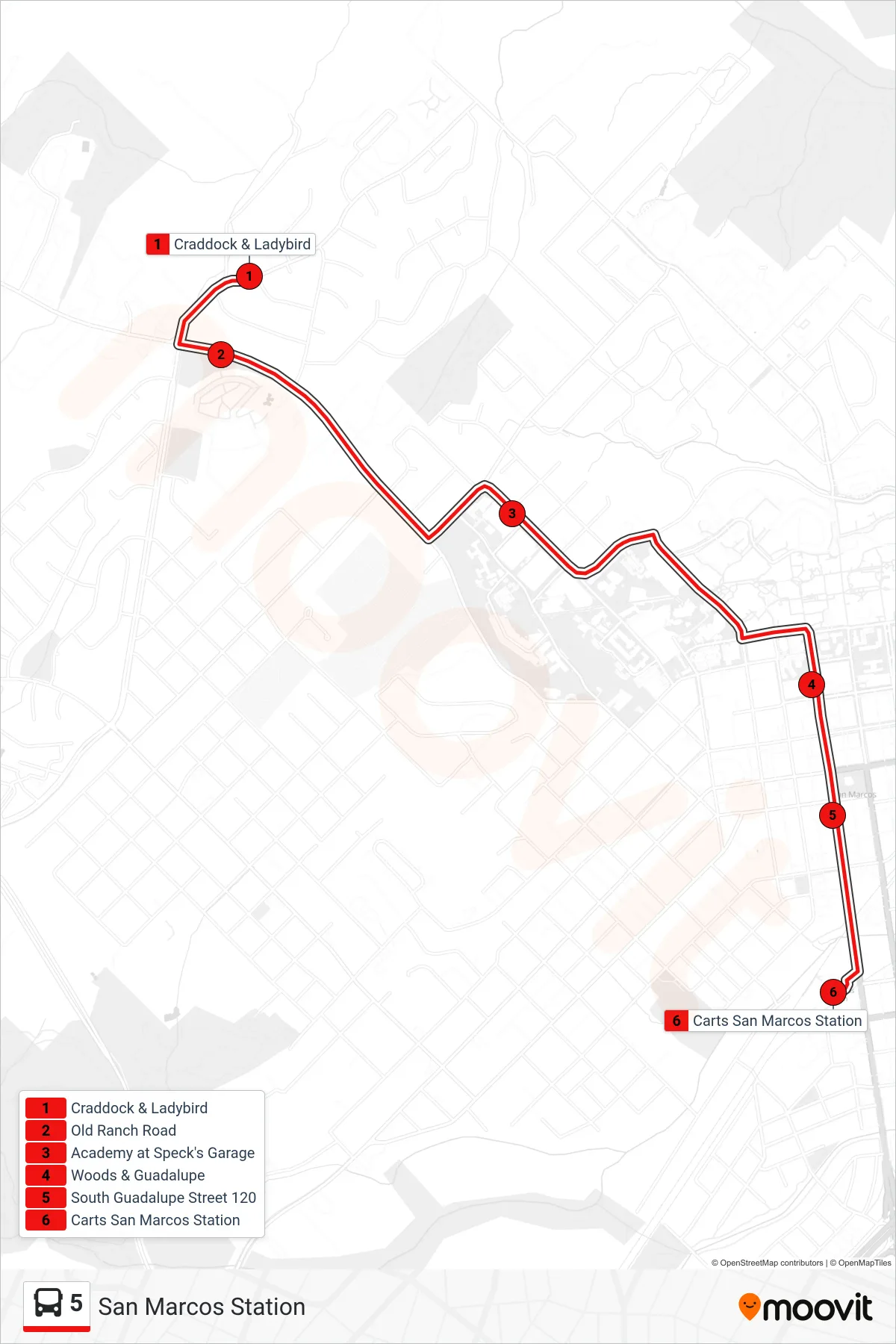 5 bus Line (San Marcos Station) route and stops on a map
