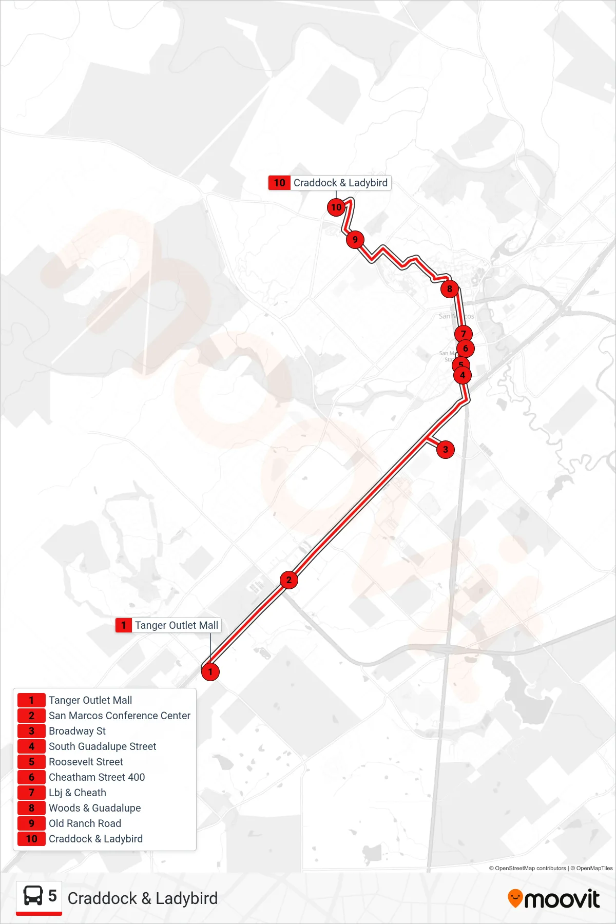 5 bus Line (Craddock & Ladybird) route and stops on a map
