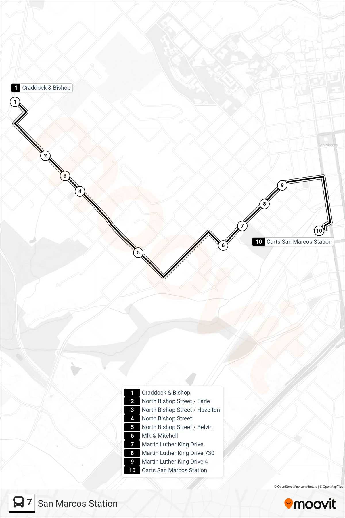 7 bus Line (San Marcos Station) route and stops on a map