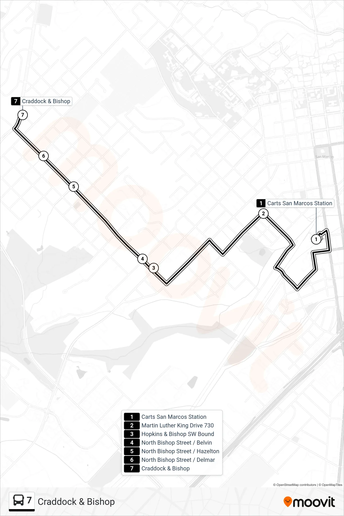 7 bus Line (Craddock & Bishop) route and stops on a map