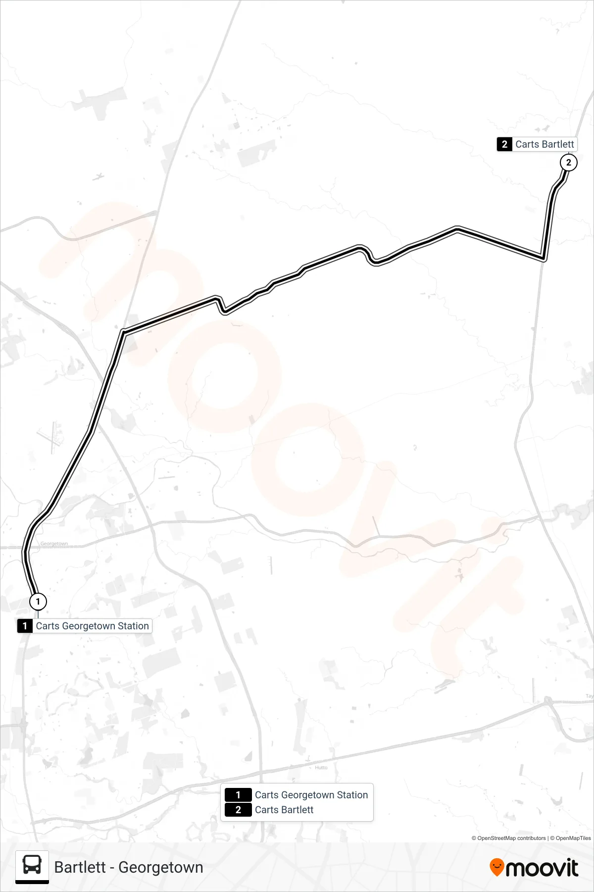 BARTLETT - GEORGETOWN bus Line (Bartlett) route and stops on a map