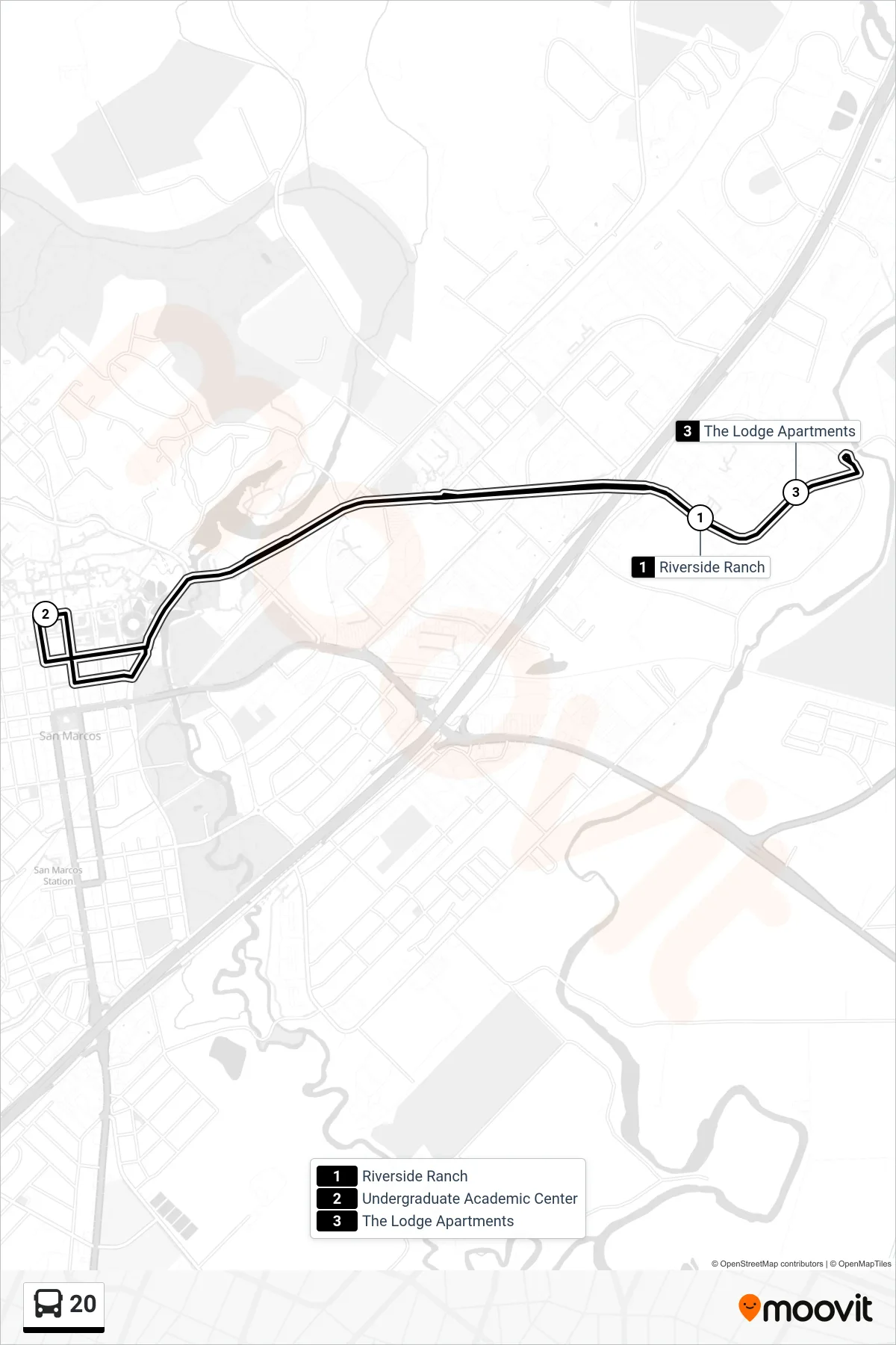 20 bus Line route and stops on a map