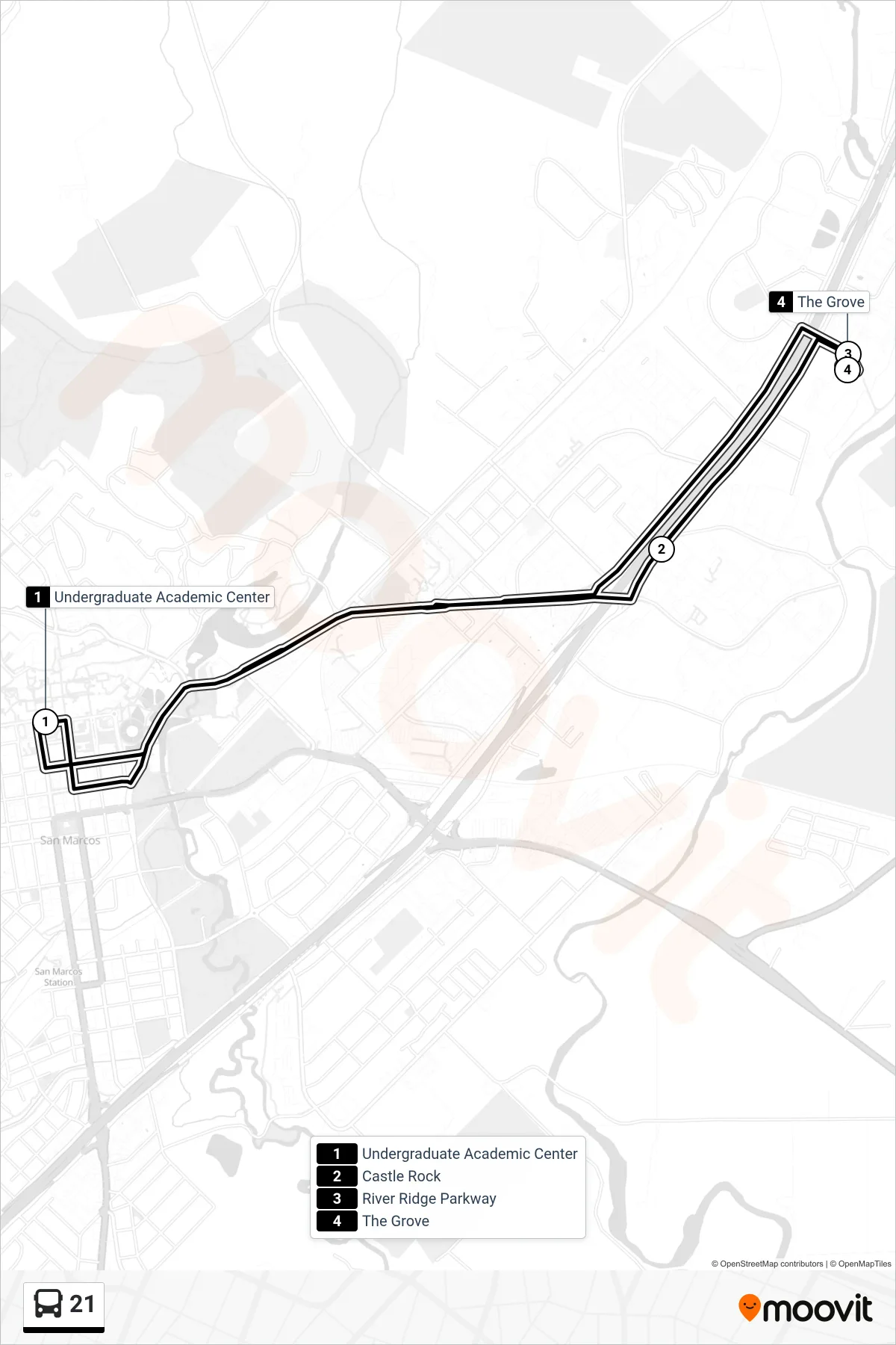 21 bus Line route and stops on a map
