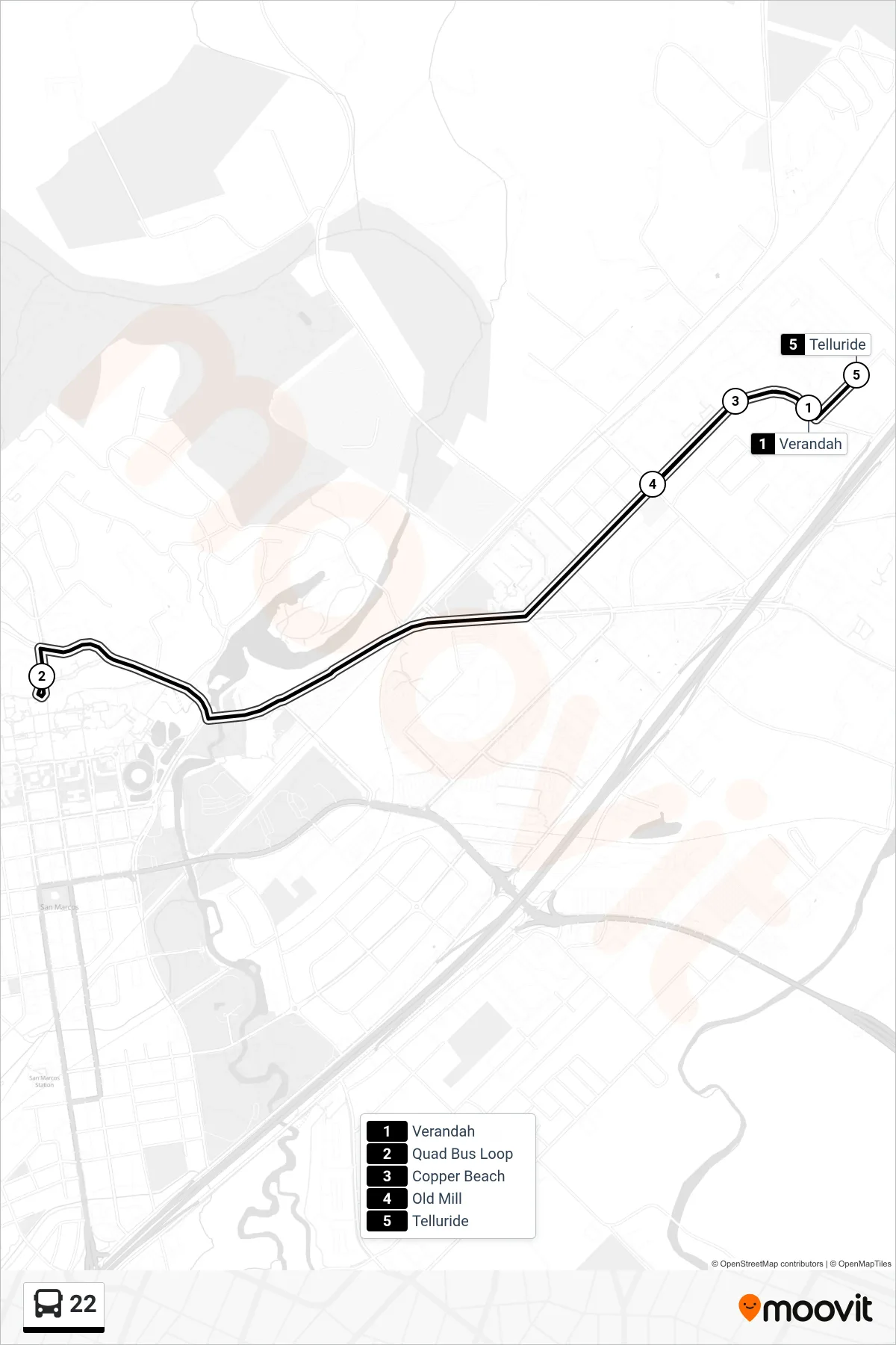 22 bus Line route and stops on a map