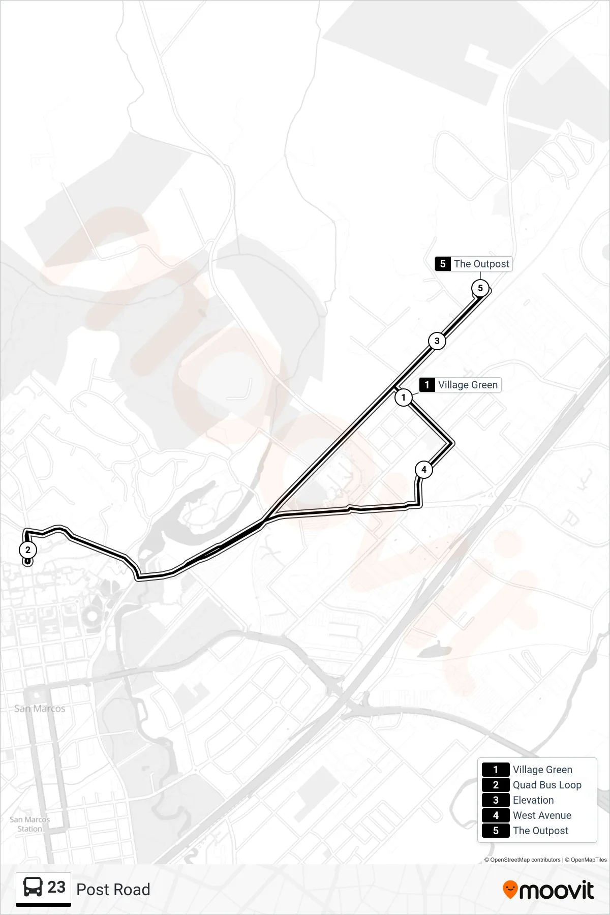 23 bus Line route and stops on a map