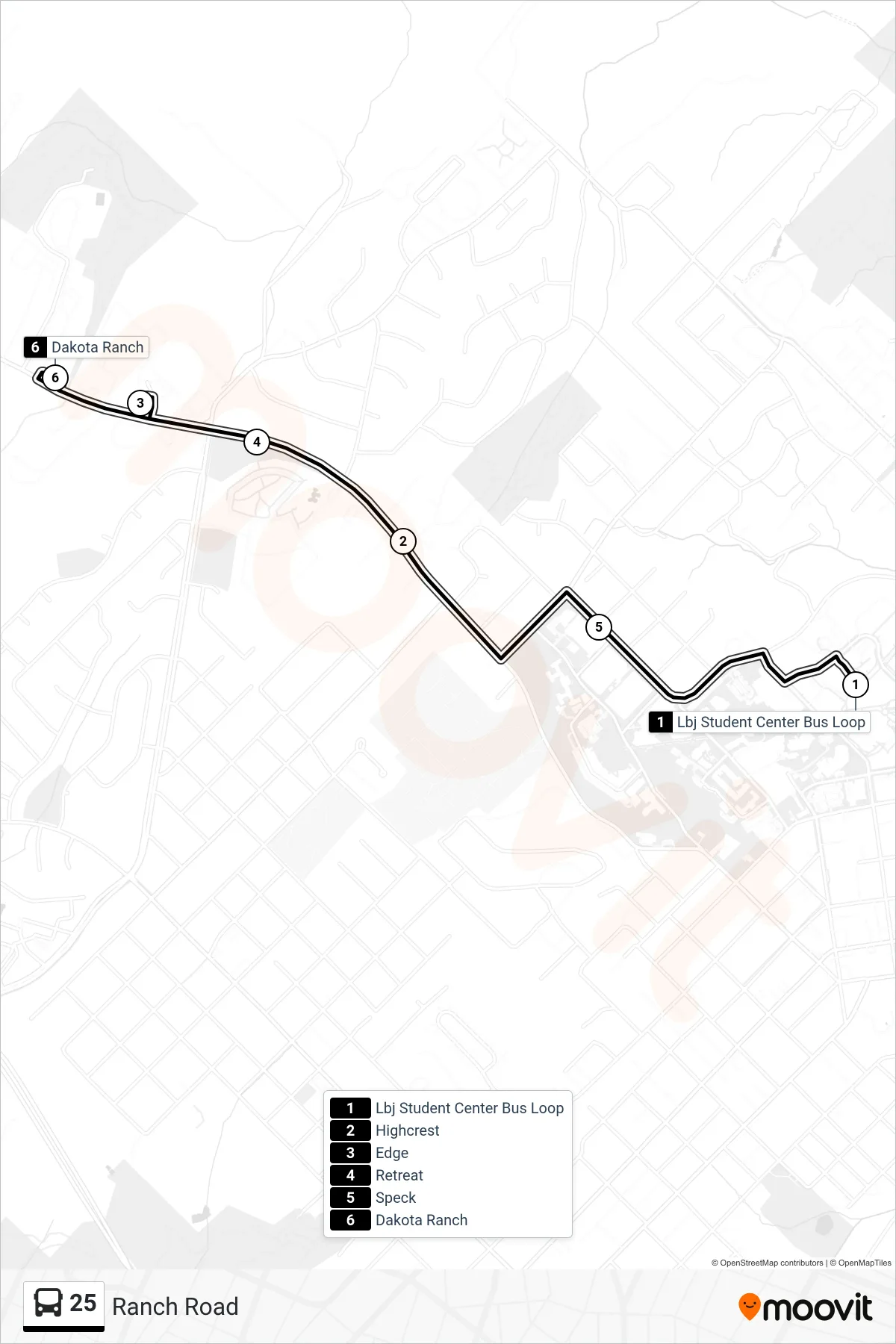 25 bus Line route and stops on a map