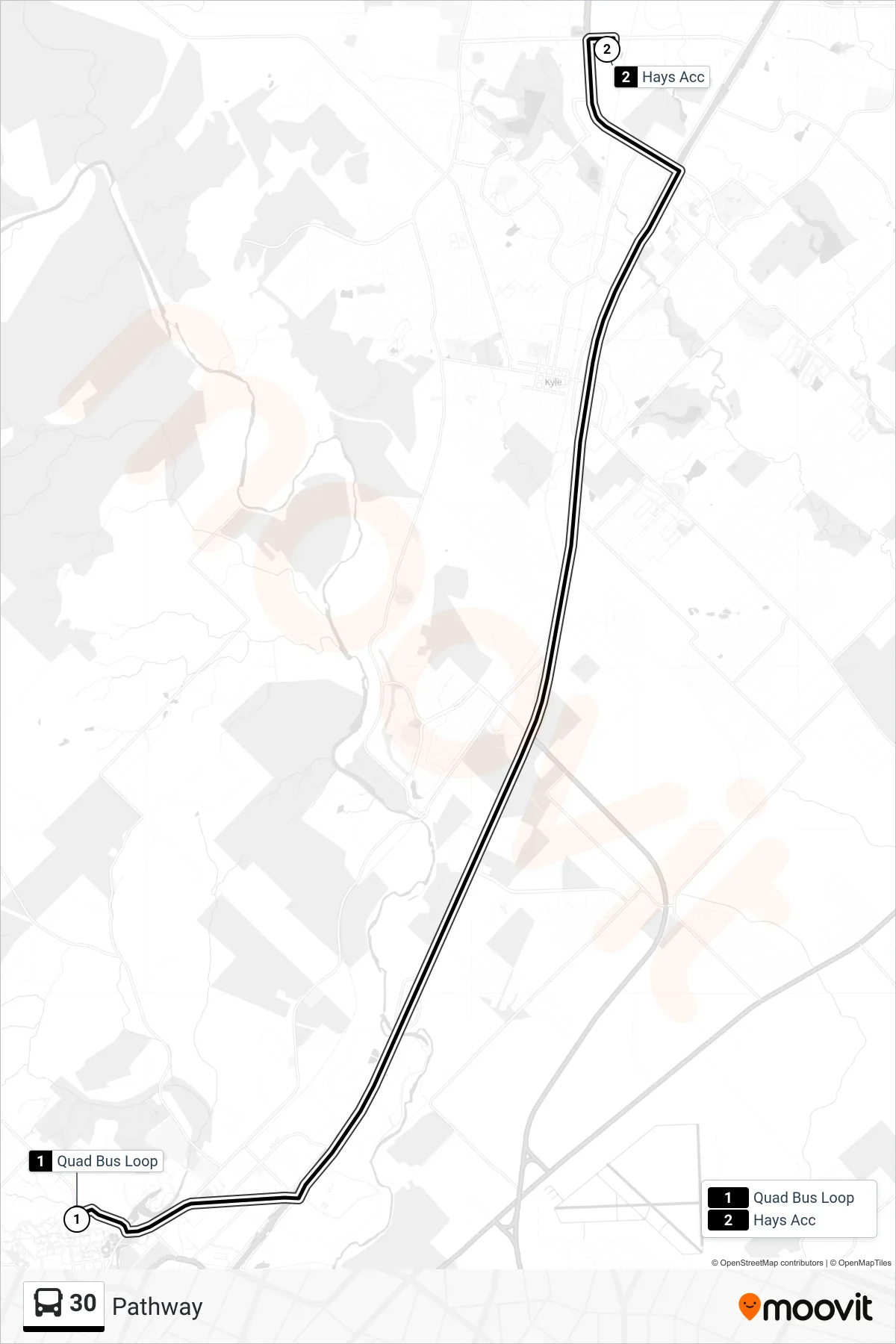 30 bus Line route and stops on a map
