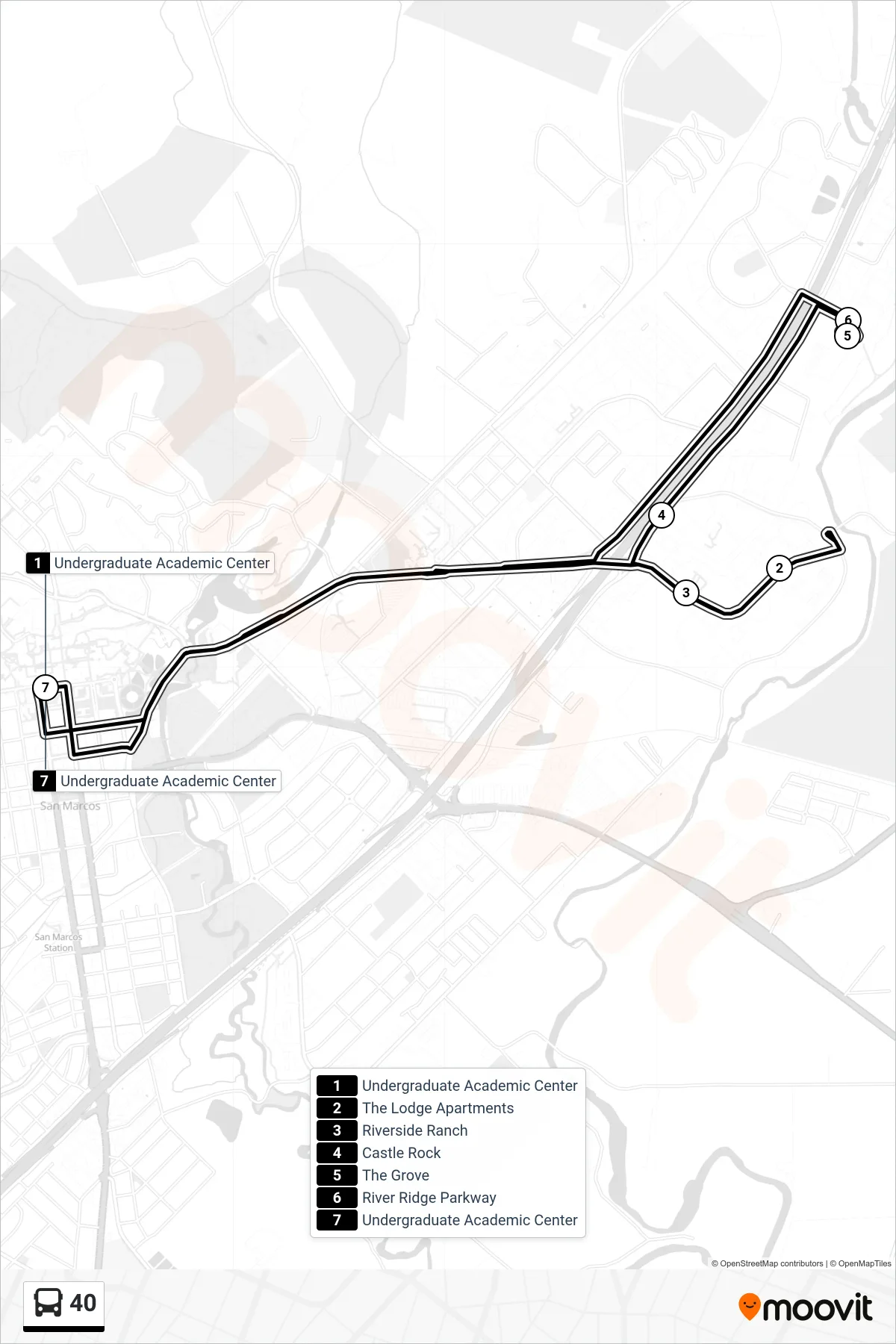 40 bus Line route and stops on a map