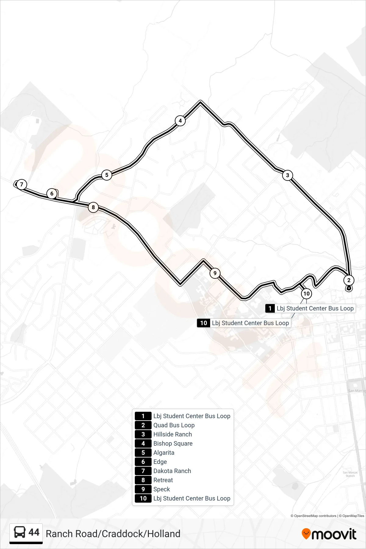 44 bus Line route and stops on a map