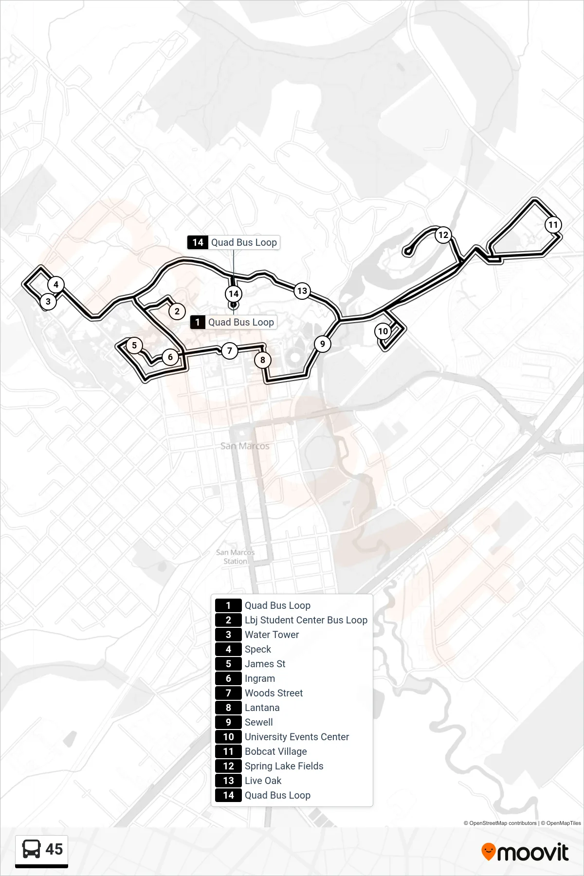45 bus Line route and stops on a map