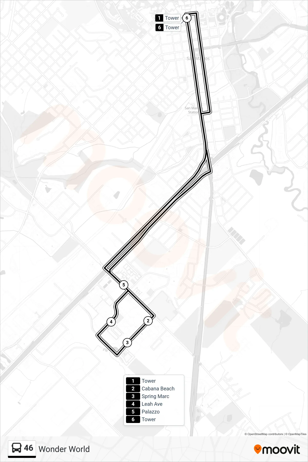46 bus Line route and stops on a map