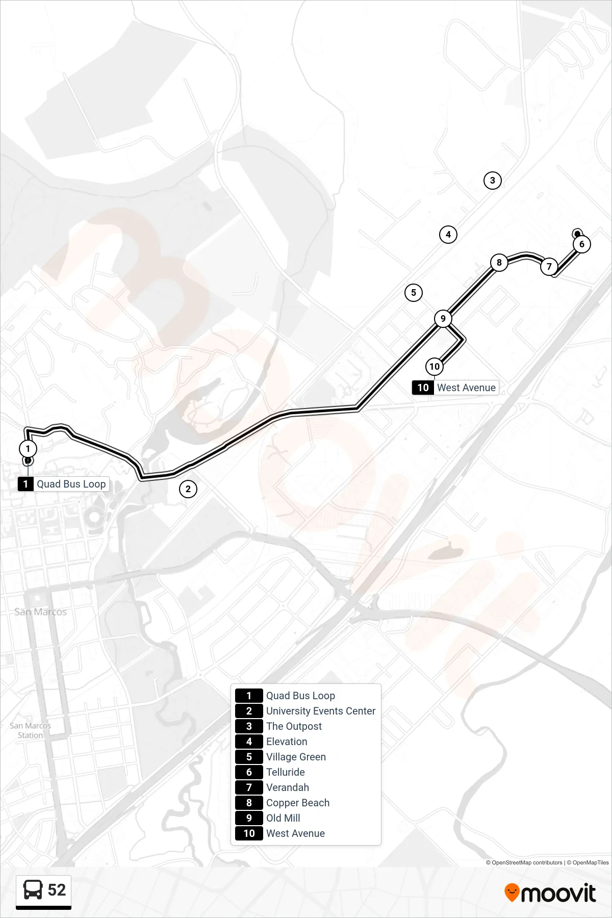 52 bus Line route and stops on a map