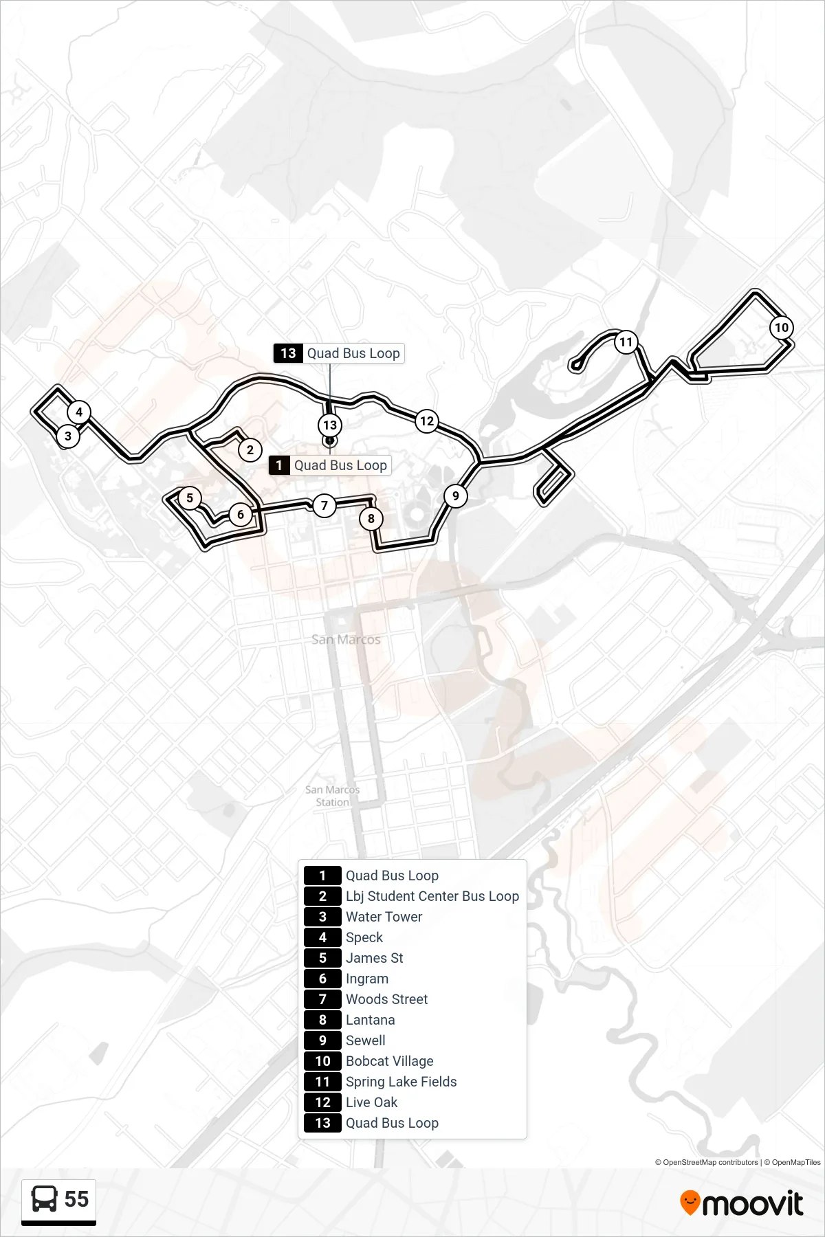 55 bus Line route and stops on a map