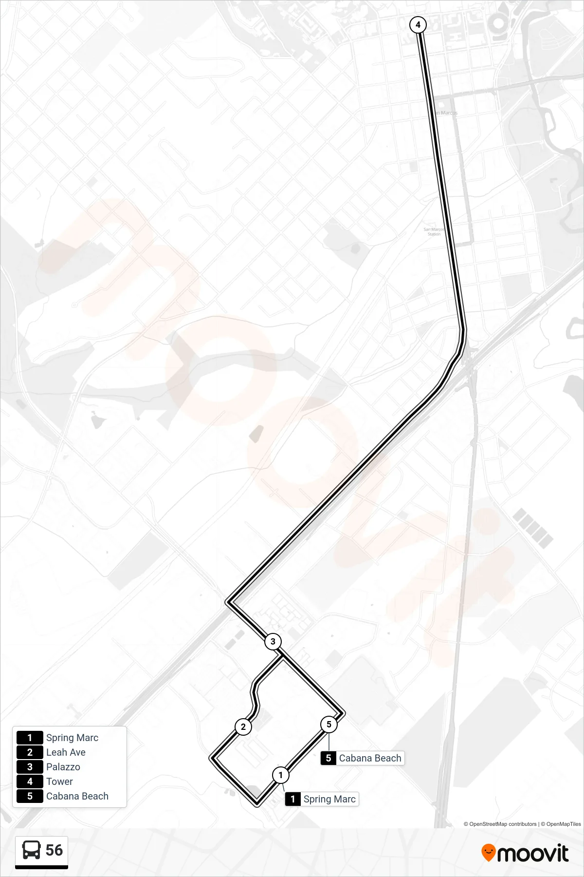 56 bus Line route and stops on a map