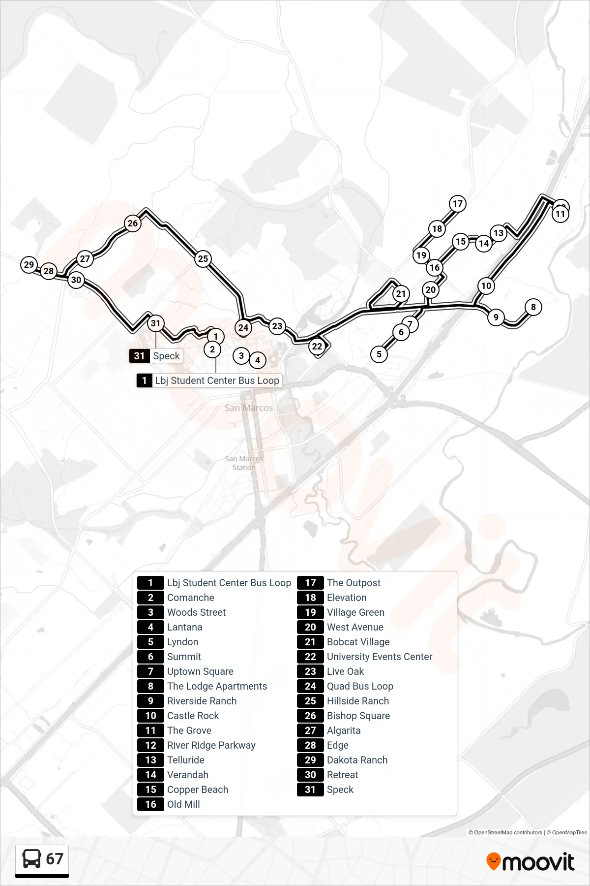67 bus Line route and stops on a map