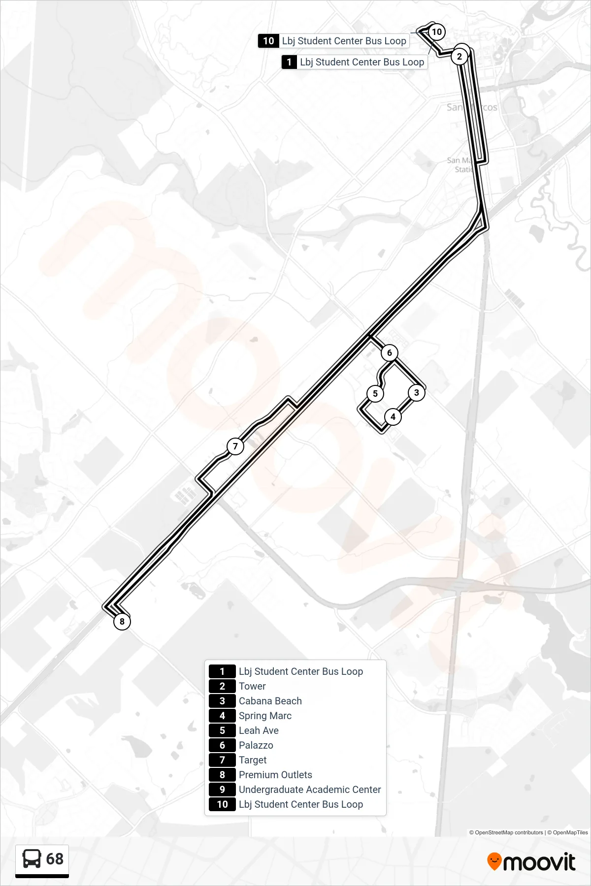 68 bus Line route and stops on a map