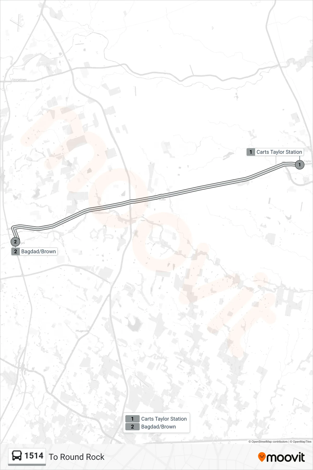 1514 bus Line (To Round Rock) route and stops on a map