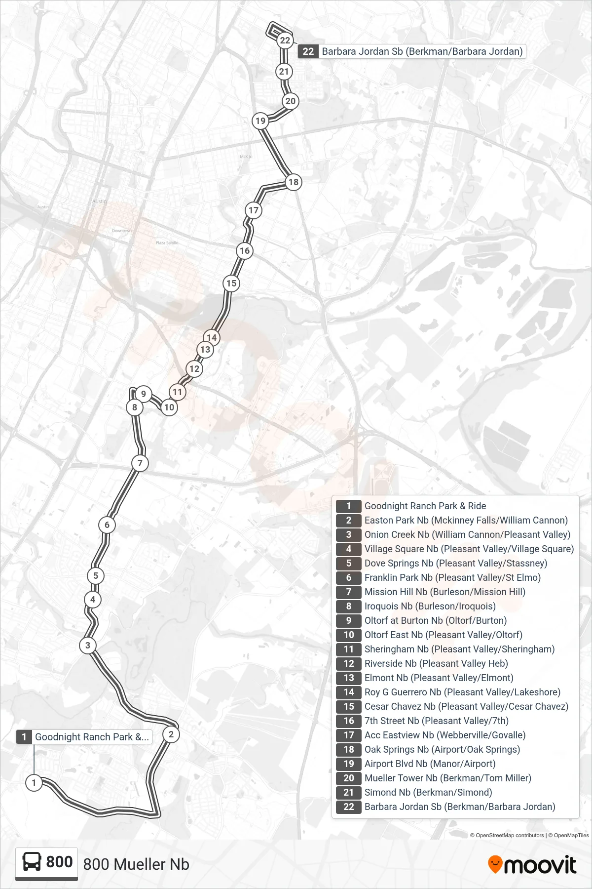 800 bus Line (800 Mueller Nb) route and stops on a map