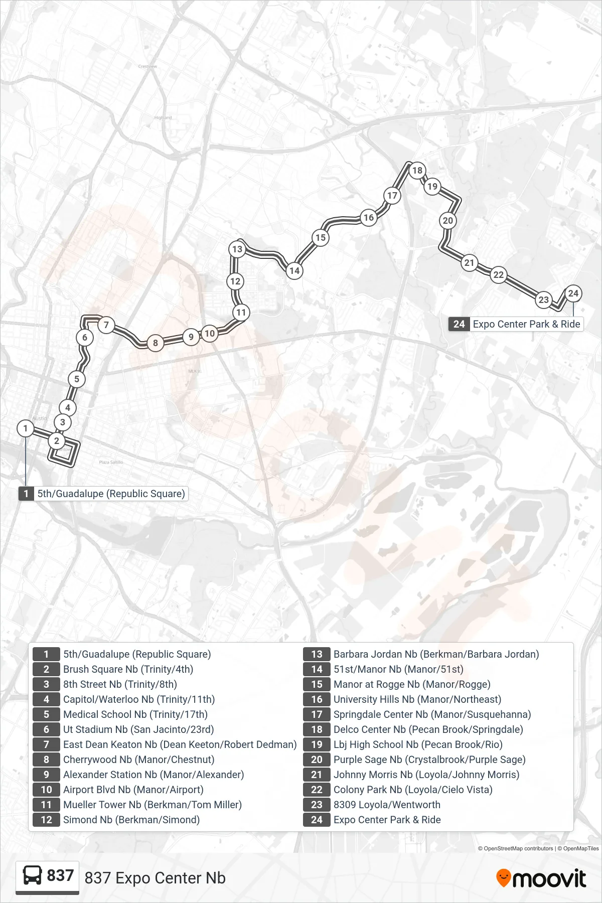 837 bus Line (837 Expo Center Nb) route and stops on a map