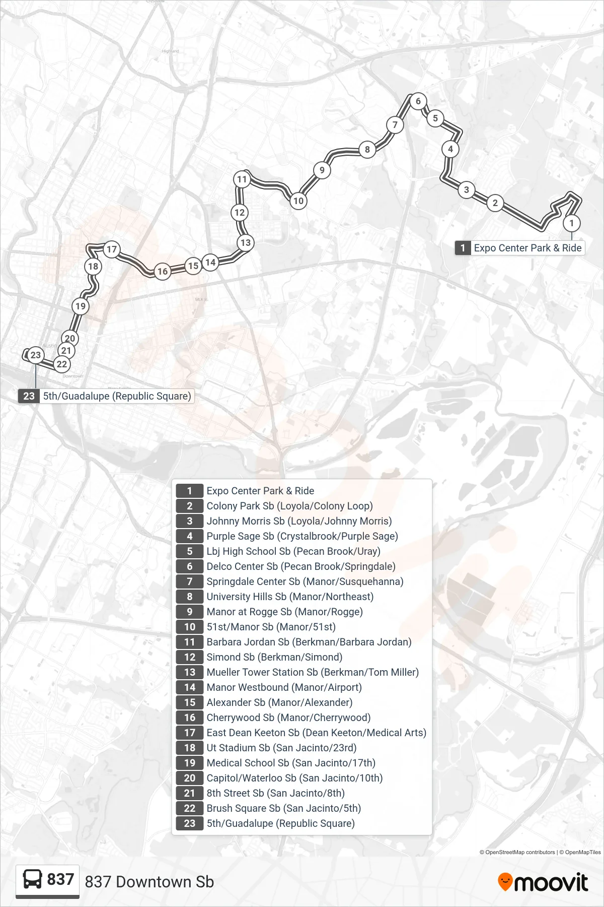 837 bus Line (837 Downtown Sb) route and stops on a map