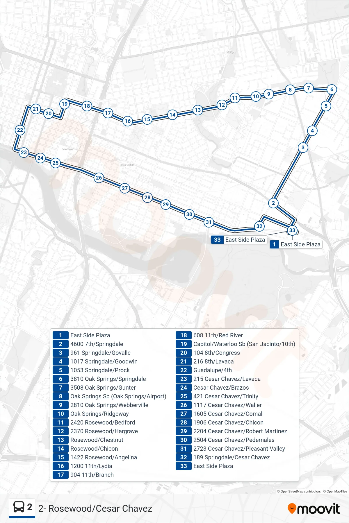 2 bus Line (2 Eastside Bus Plaza Kb) route and stops on a map