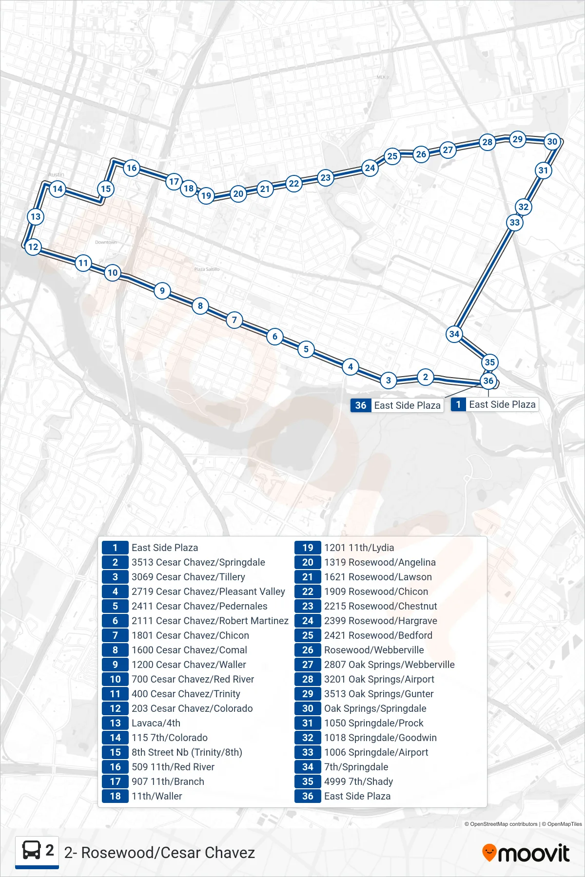 2 bus Line (2 Eastside Bus Plaza Cb) route and stops on a map