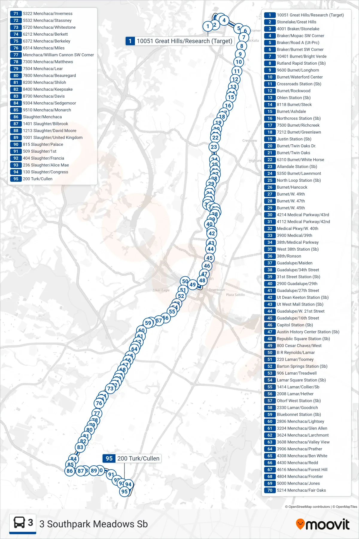 3 bus Line (3 Southpark Meadows Sb) route and stops on a map
