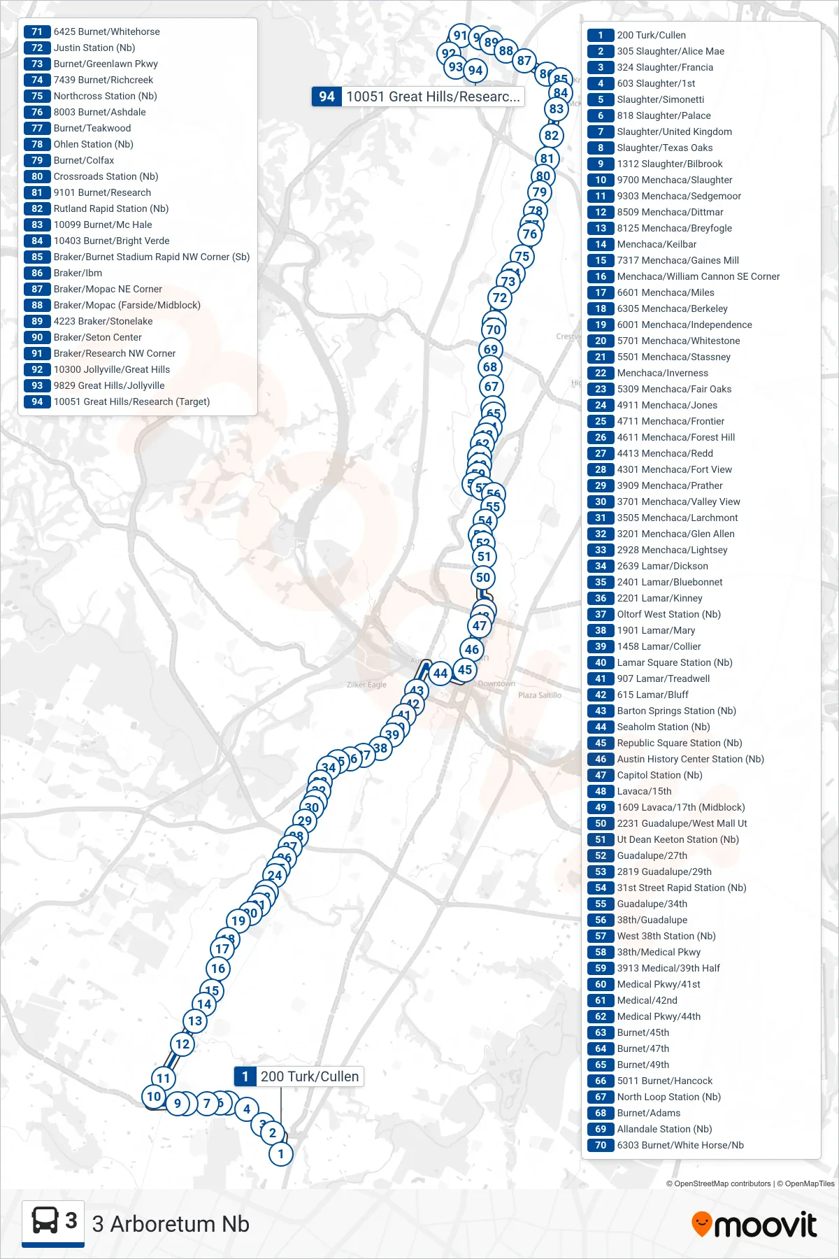 3 bus Line (3 Arboretum Nb) route and stops on a map