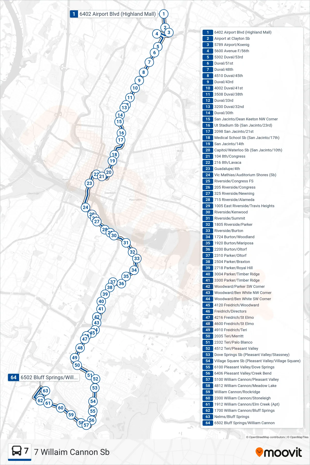 7 bus Line (7 Willaim Cannon Sb) route and stops on a map