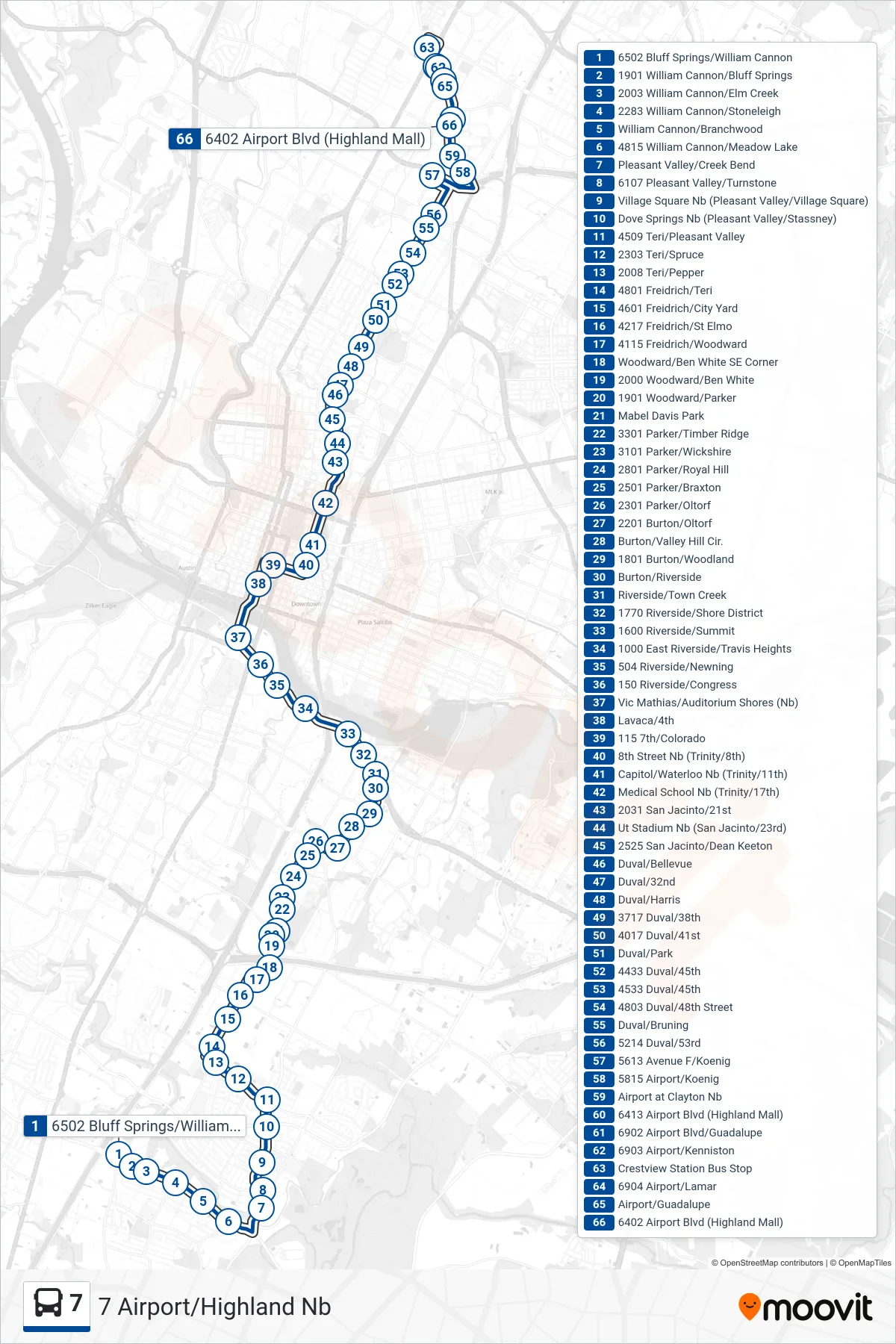 7 bus Line (7 Airport/Highland Nb) route and stops on a map