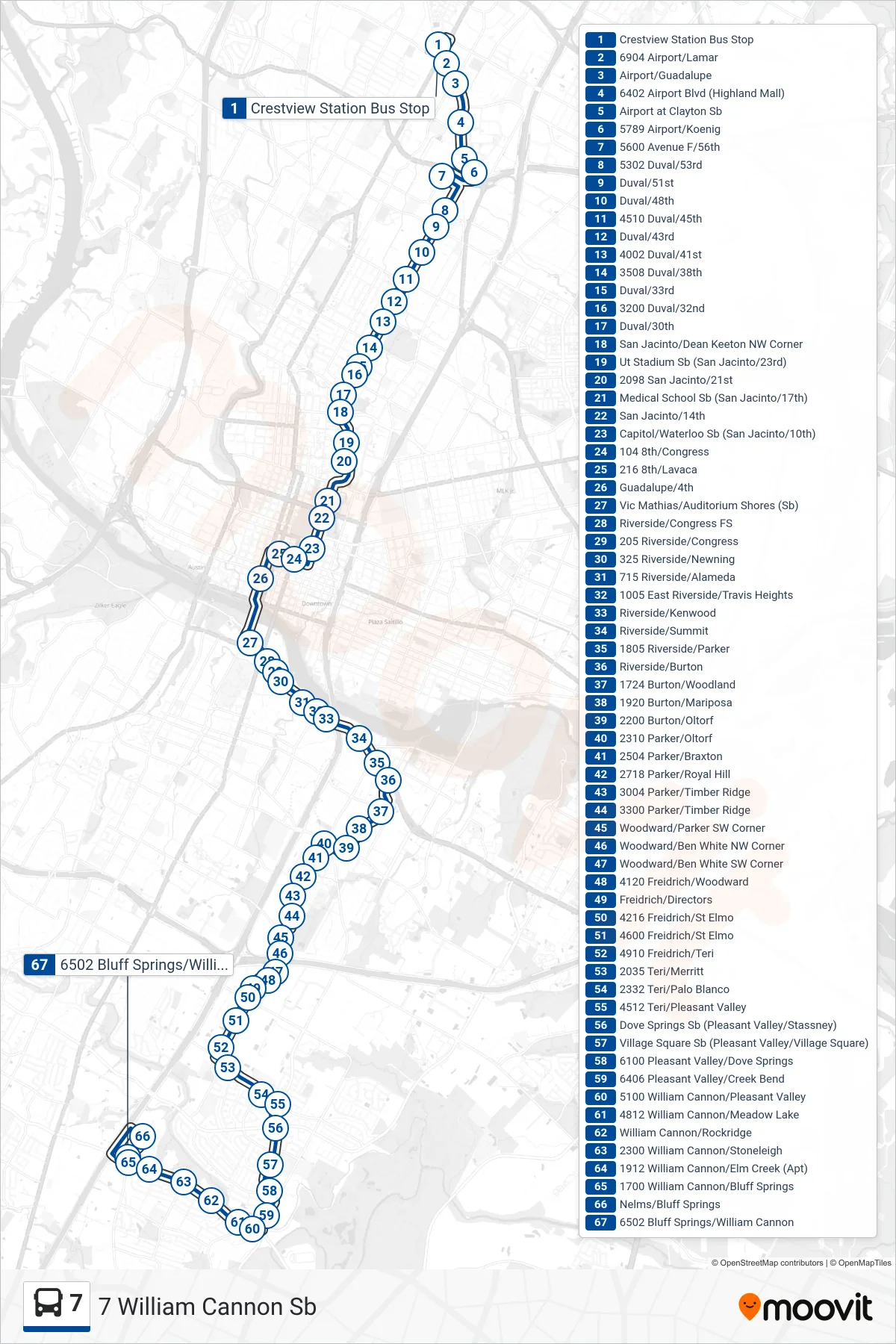 7 bus Line (7 William Cannon Sb) route and stops on a map