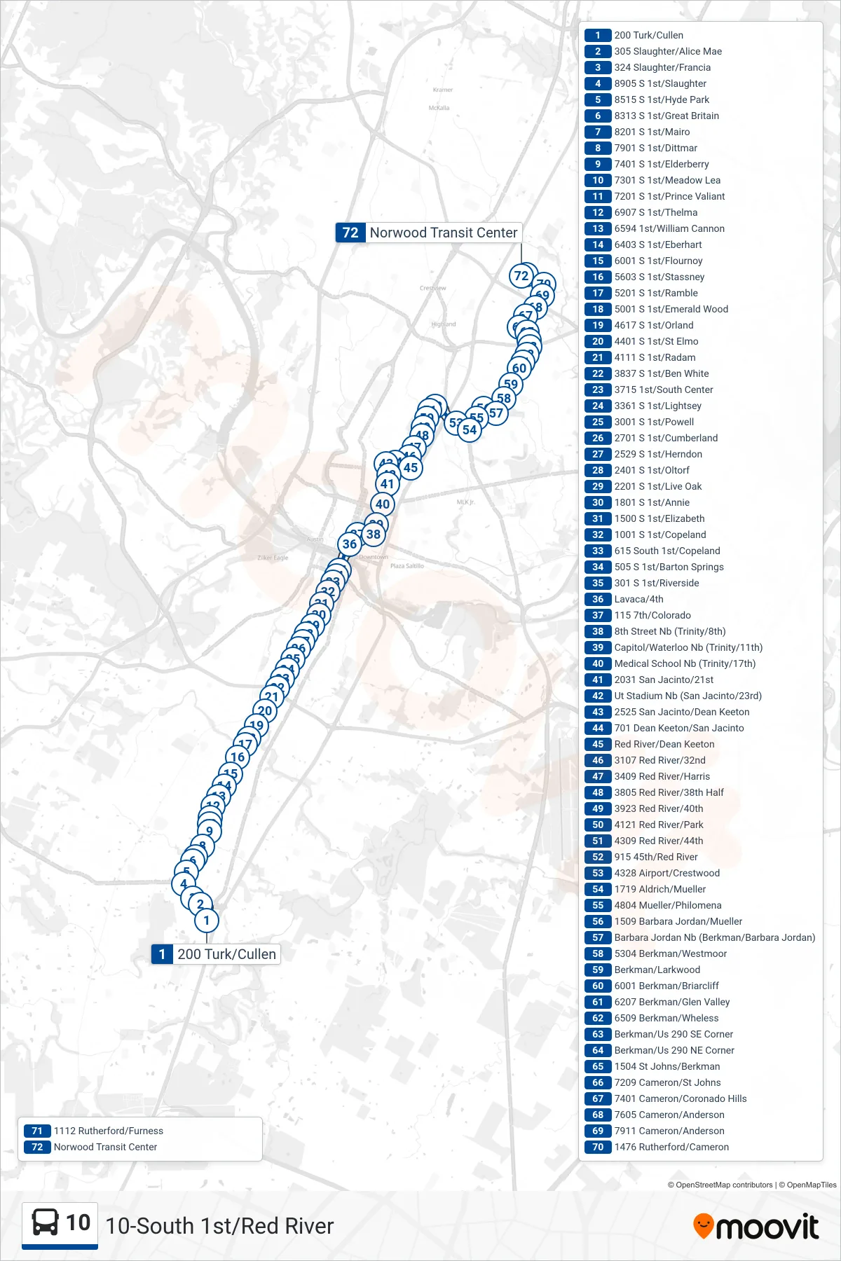 10 bus Line (10 Norwood Transit Center Nb) route and stops on a map