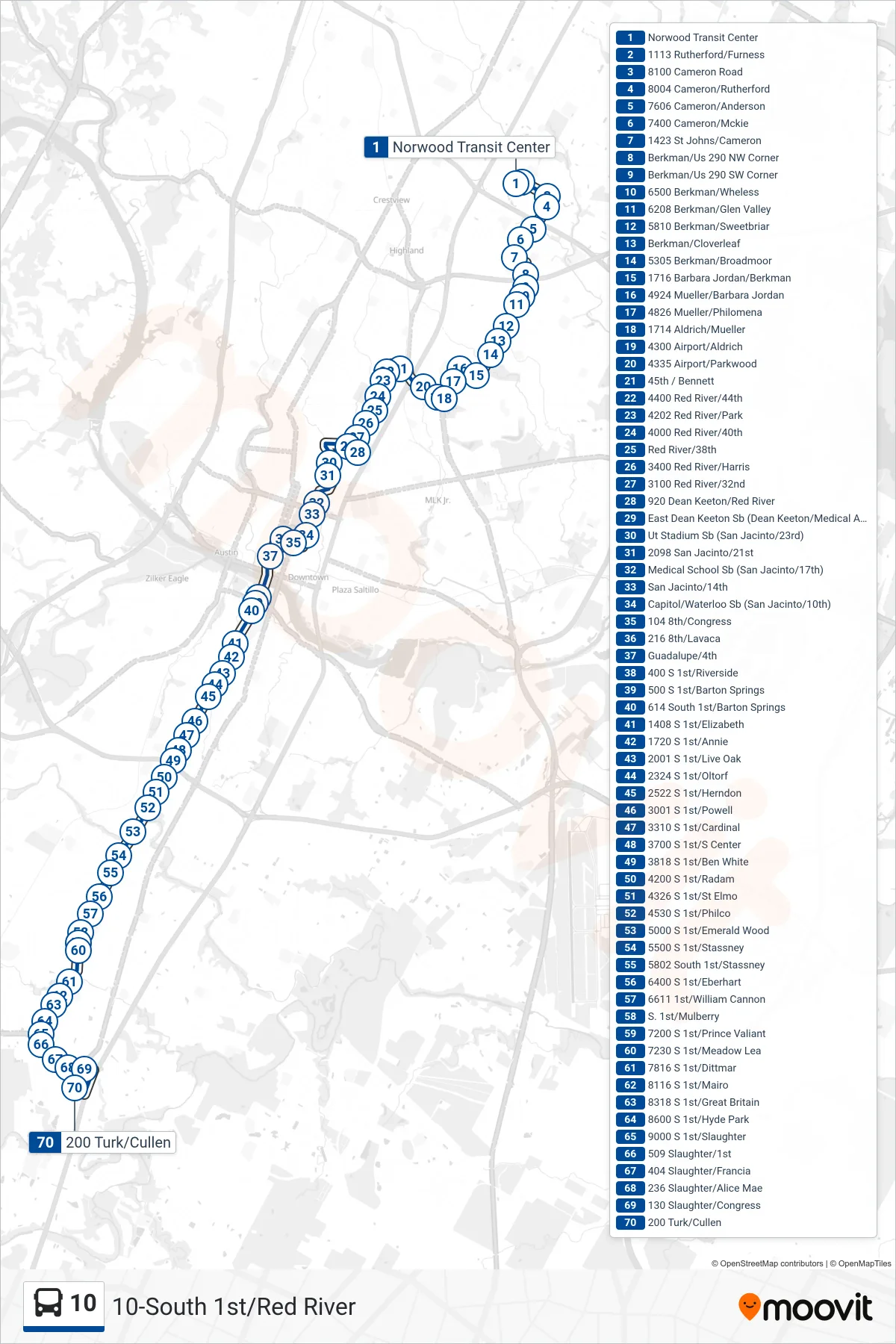 10 bus Line (10 Southpark Meadows Sb) route and stops on a map