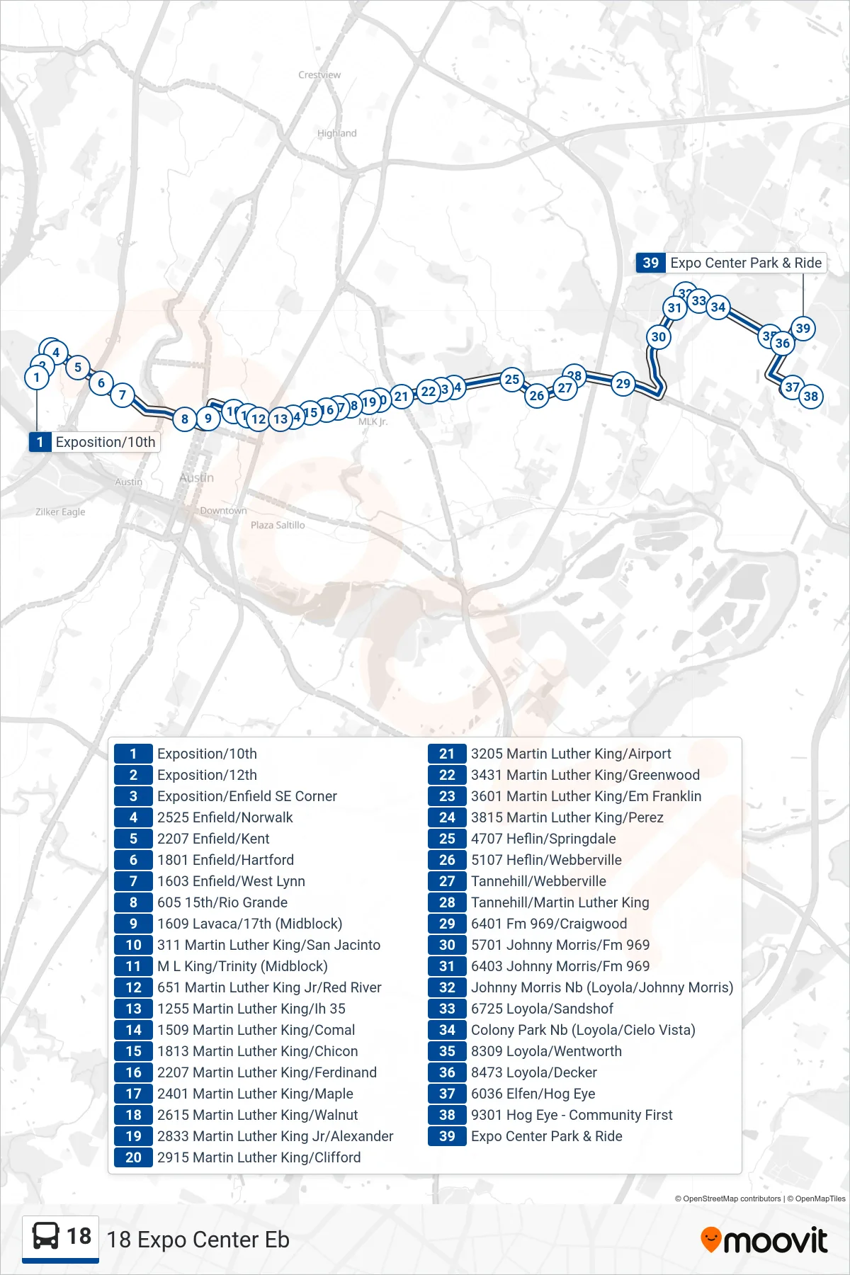 18 bus Line (18 Expo Center Eb) route and stops on a map