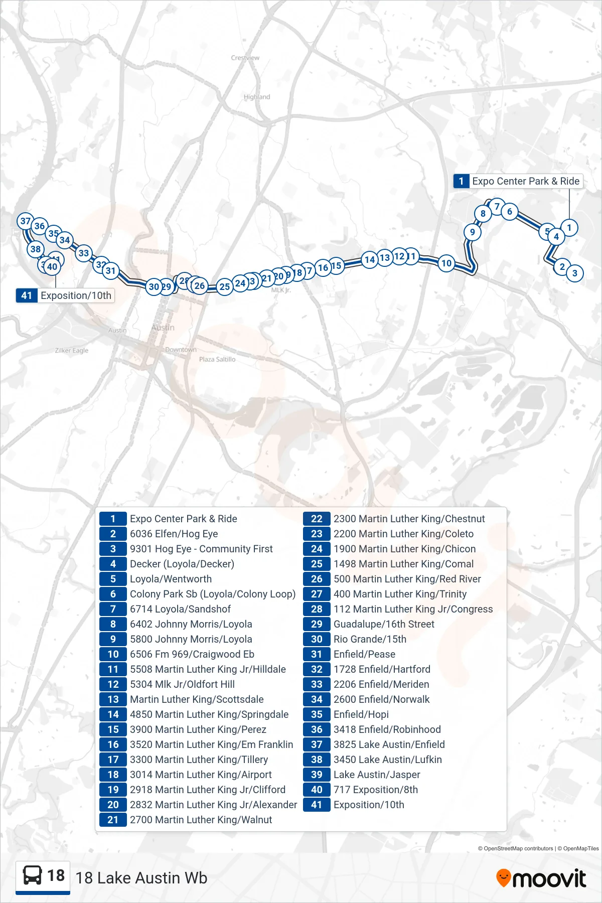 18 bus Line (18 Lake Austin Wb) route and stops on a map