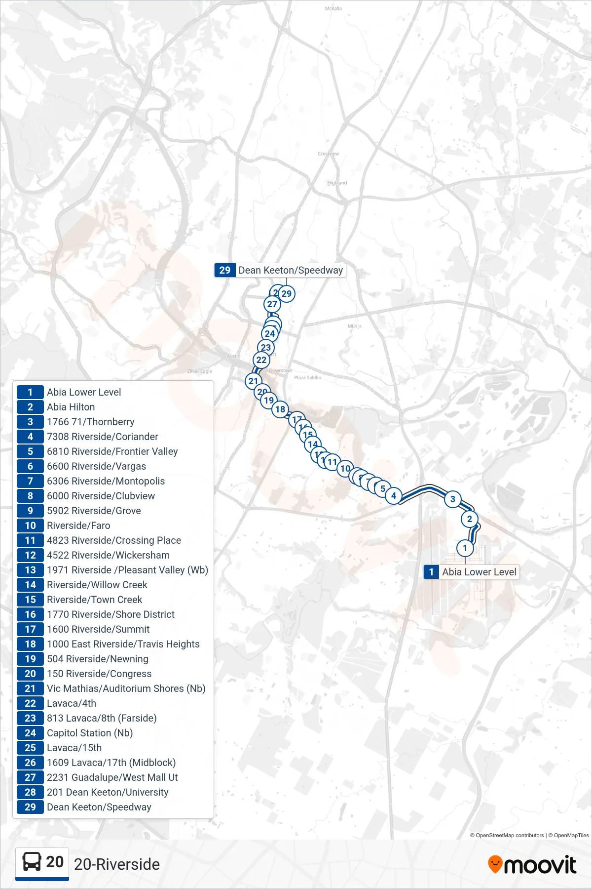 20 bus Line (20 University Of Texas Nb) route and stops on a map