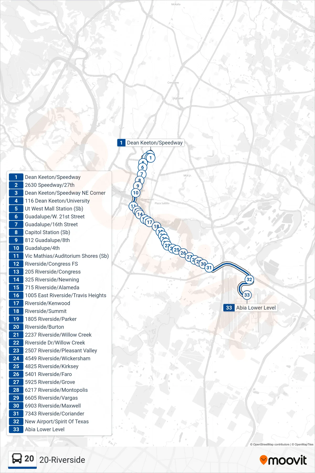 20 bus Line (20 Abia Airport Sb) route and stops on a map