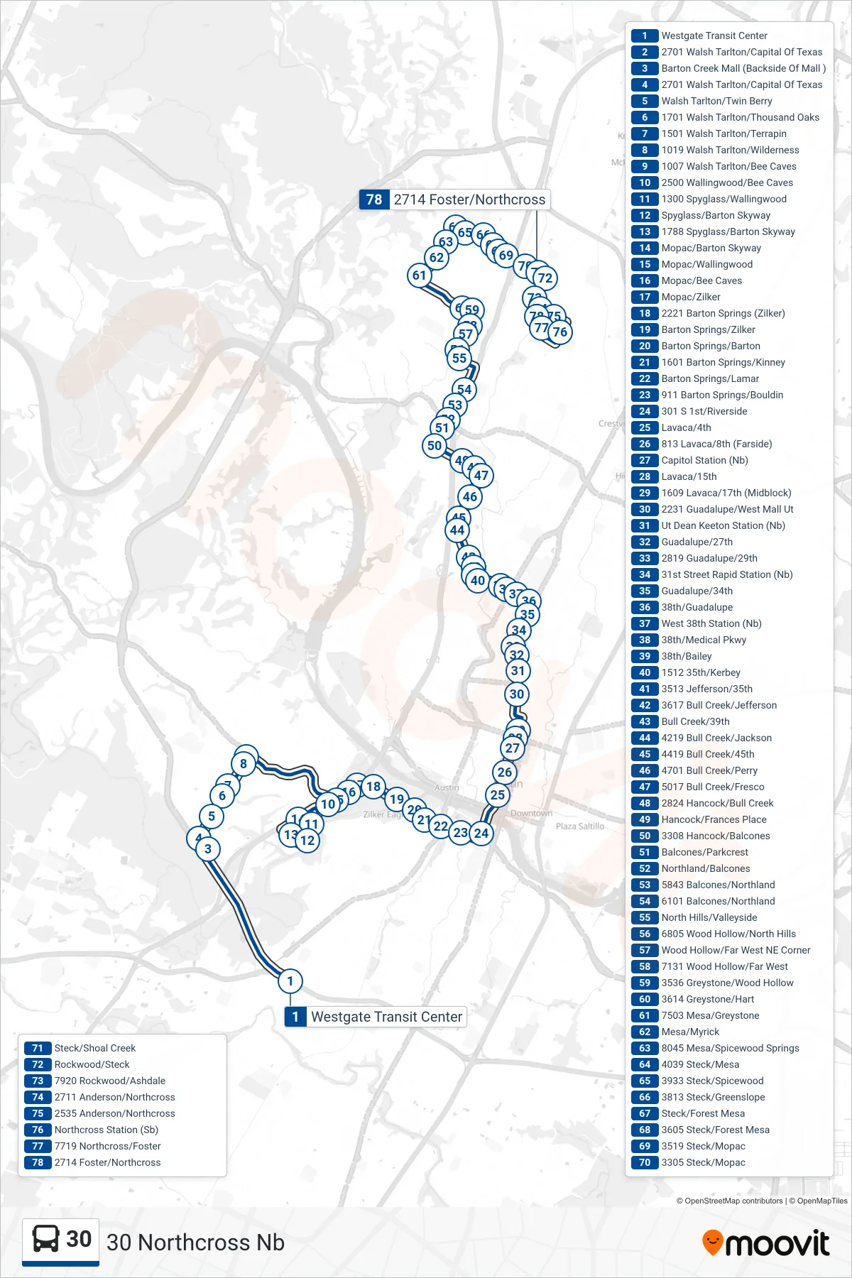 30 bus Line (30 Northcross Nb) route and stops on a map