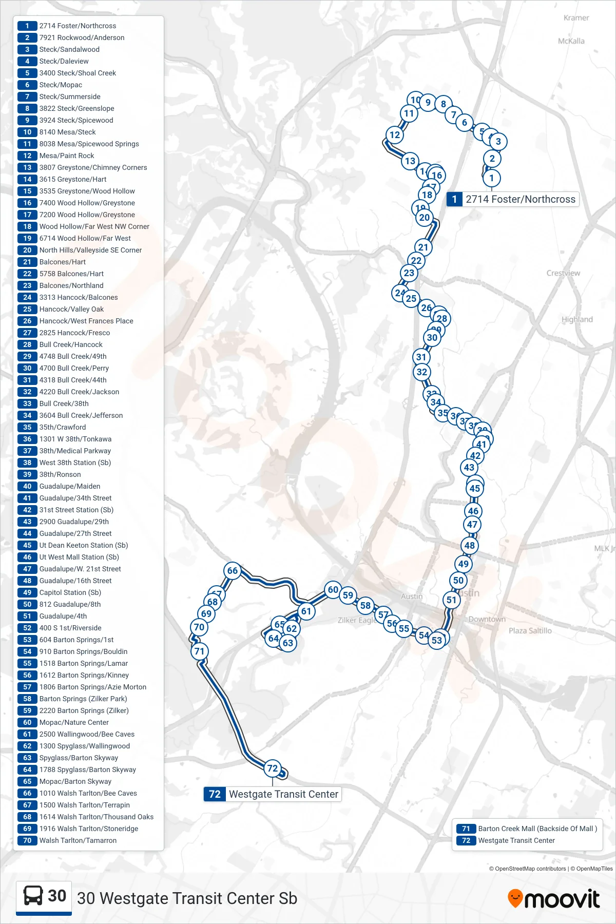 30 bus Line (30 Westgate Transit Center Sb) route and stops on a map