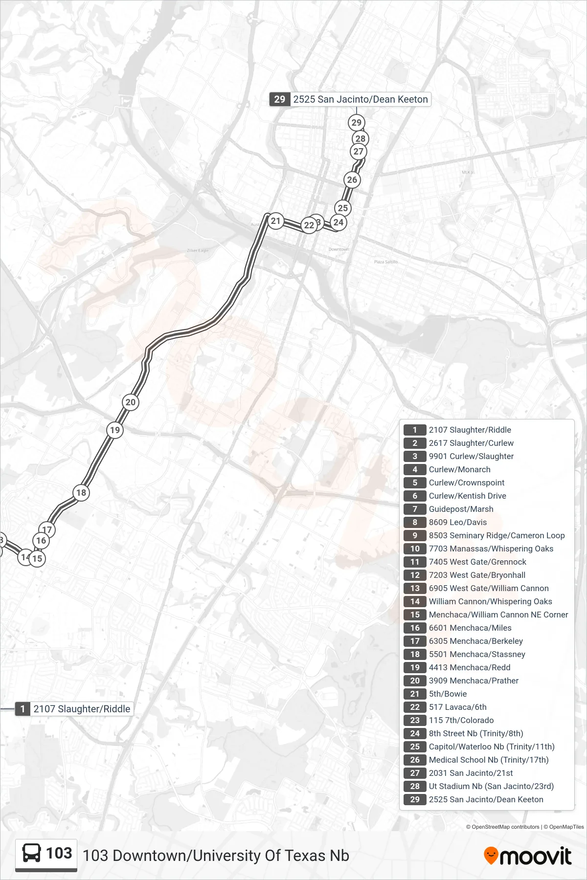 103 bus Line (103 Downtown/University Of Texas Nb) route and stops on a map