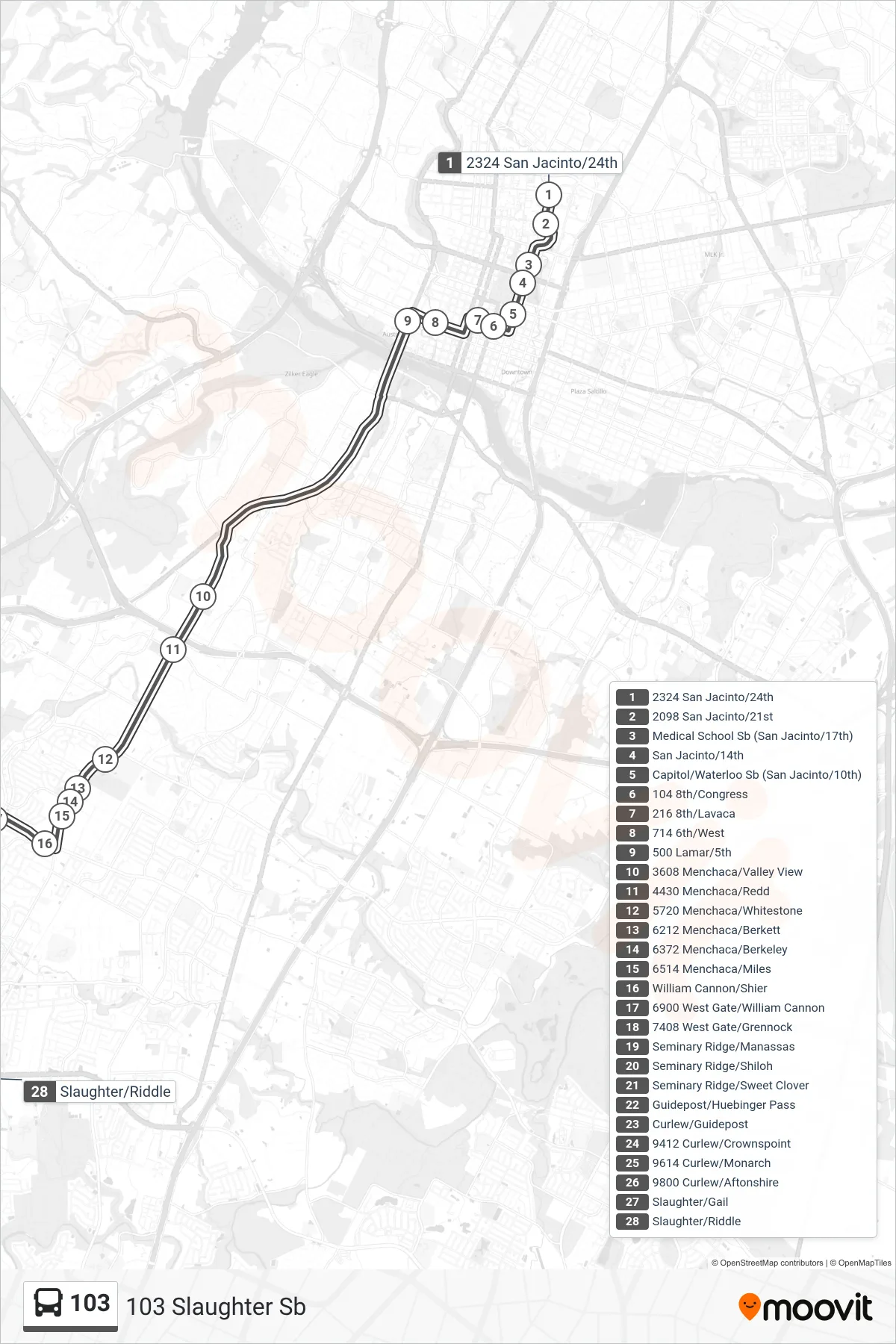 103 bus Line (103 Slaughter Sb) route and stops on a map