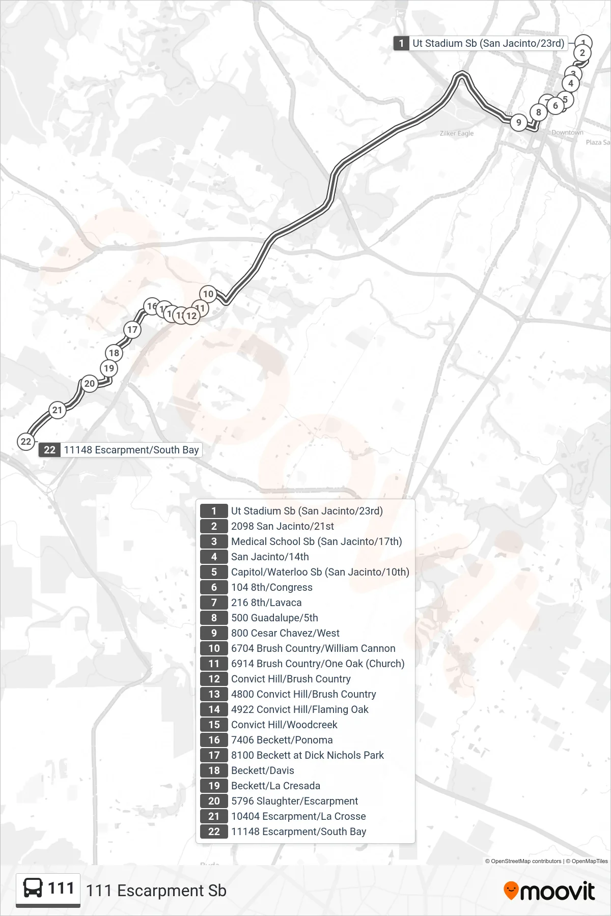 111 bus Line (111 Escarpment Sb) route and stops on a map
