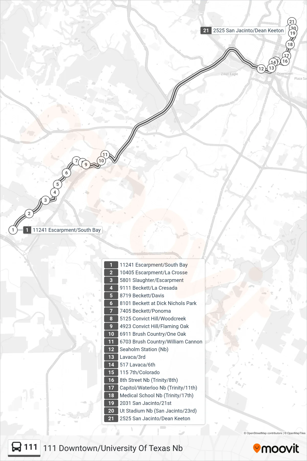 111 bus Line (111 Downtown/University Of Texas Nb) route and stops on a map