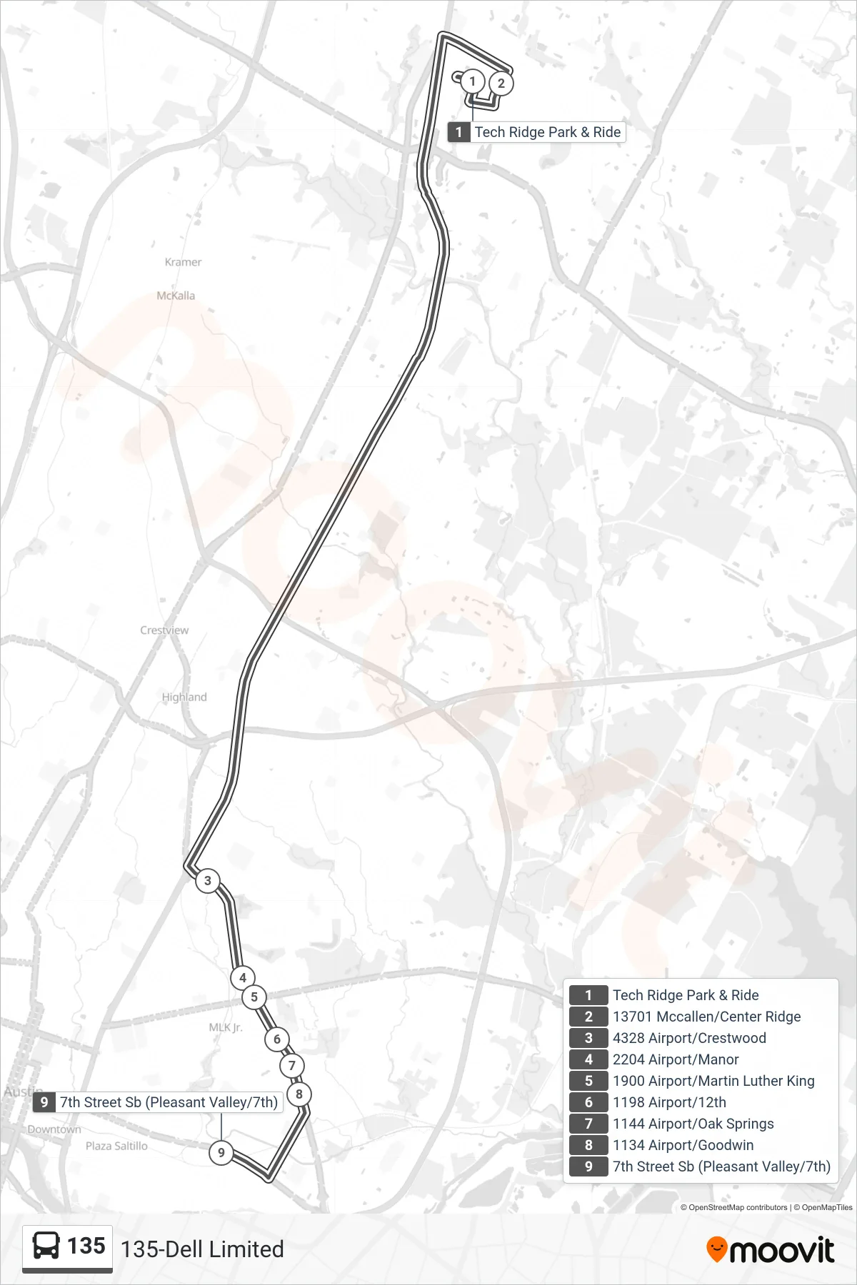 135 bus Line (135 Airport Blvd Sb) route and stops on a map